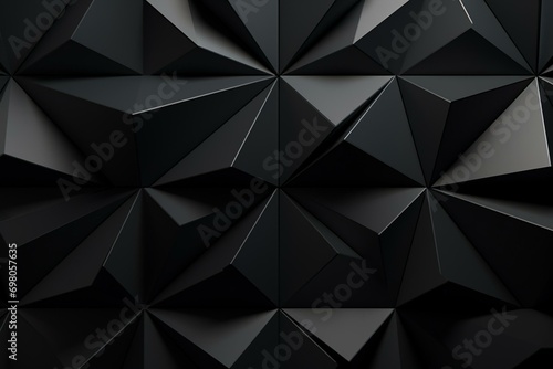 Futuristic wall of black, 3D mosaic diamond-shaped tiles creating a semigloss block background. 3D render. Generative AI