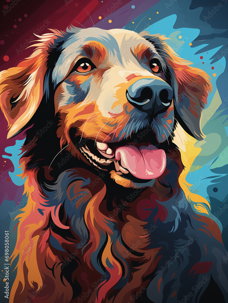 Illustration. Portrait of dog in pop art style, Hand-drawn, abstract, multicolored portrait of a dog looking forward on a dark colorful background