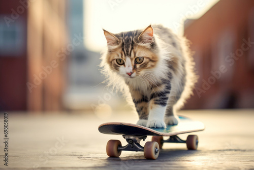 A cute tabby kitten on a skateboard, showcasing an adorable and funny moment of a domestic pet exploring an unconventional activity. photo