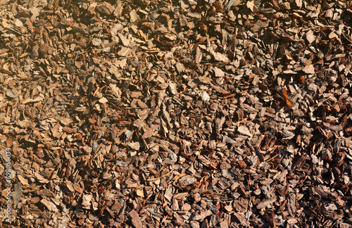 Full frame closeup of brown mulch used for gardening and landscape decoration. Texture of Birch mulch bark for garden. Closeup of wood chip path covering. Wooden chips texture biomass background