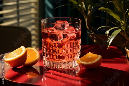 Negroni cocktail with a vintage aesthetic in old fashion glass with ice and lemon