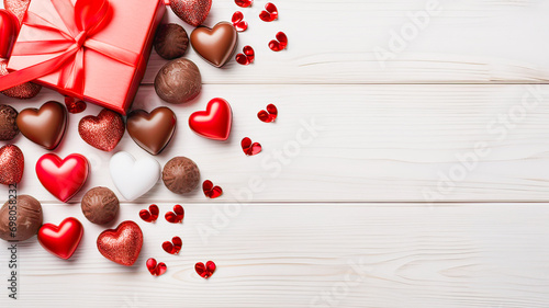  Valentine's Day chocolates in the shape of a heart on a wooden white background for text