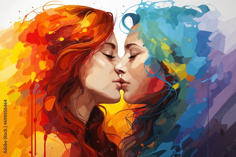 Couple of girls in love kissing in bright colors, watercolor, LGBT Couple of girls in love kissing in bright colors, watercolor, LGBT