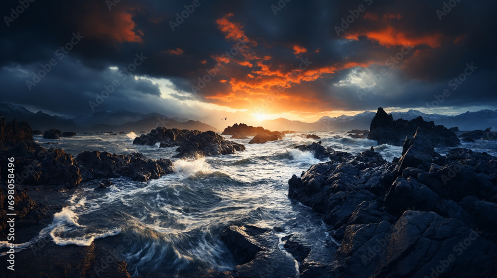 Fototapeta premium Storm on the rocky seashore at sunset