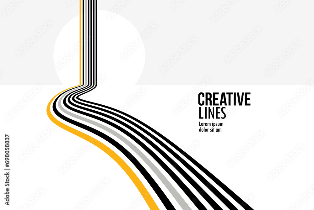3D black and white lines in perspective with yellow elements abstract vector background, linear perspective illustration op art, road to horizon. - obrazy, fototapety, plakaty 