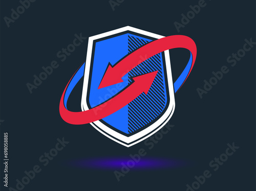 Shield with arrows logo vector, ammo protection symbol, antivirus or sport theme, insurance or guarantee.