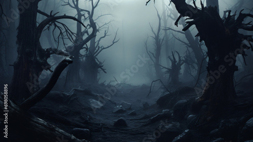 Dark Mystery Dead Forest in Fog