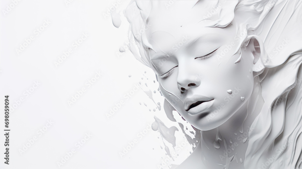 the face of a young beautiful woman with white paint running down it the face of a young beautiful woman with white paint running down it