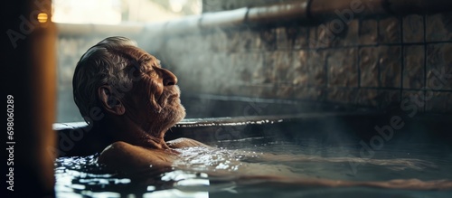 Elderly man relaxes in bath house. photo