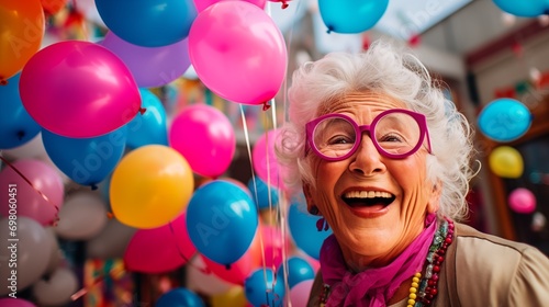 photo of happy senior old woman with gray and white hair in elegant clothes and eyeglasses smiling and looking at the camera, vibrant colors