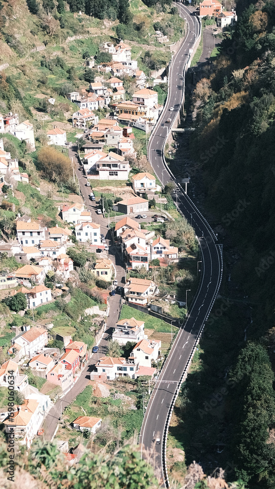 An Aerial View of a Winding Mountain Road on Madeira