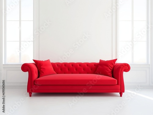 Red sofa with pillows in front of white interior wall generative ai