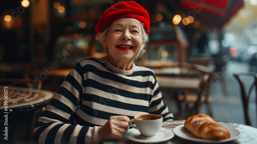  beautiful french granny in a red beret having breakfast in a cafe