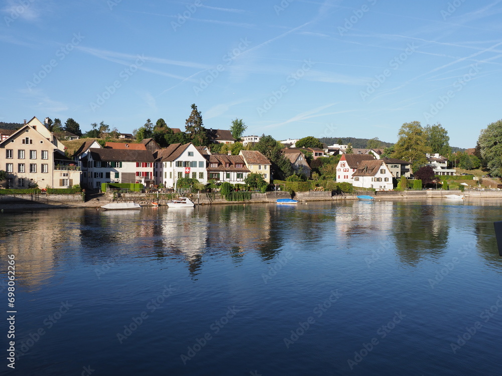 Mansions at Rhine River in European STEIN AM RHEIN town in SWITZERLAND Mansions at Rhine River in European STEIN AM RHEIN town in SWITZERLAND