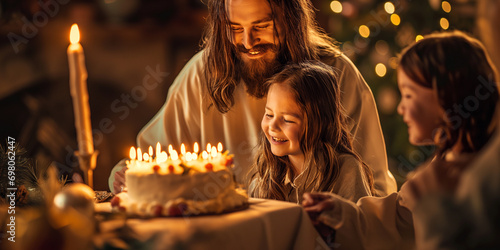 Jesus celebrating his birthday with happy children - True meaning of Christmas concept - Birthday of Jesus Christ - Celebration of Jesus's Birthday - Birthday cake and decoration