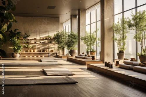 A hotel wellness center with a yoga studio, meditation space, and natural elements