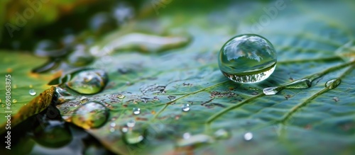 Macro close-up of a water droplet on a lotus leaf, which repels water.