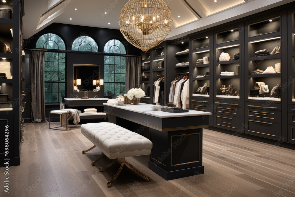 A luxurious walk-in closet with custom shelving, a center island, and elegant lighting