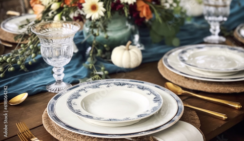 Formal holiday tablescape with blue decor, dinner table setting, table scape with elegant tableware and dinnerware for wedding party and event, generative ai