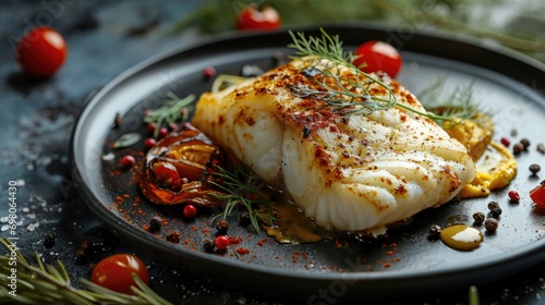 Baked cod fish fillet with spices, herbs, and cherry tomatoes on a dark plate, gourmet seafood concept. photo