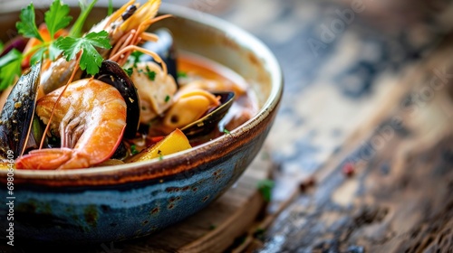 Bouillabaisse stew in a bowl with mussels, shrimp, and herbs on a rustic wooden table.