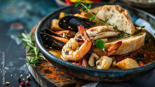 Bouillabaisse stew in a bowl with mussels, shrimp, and herbs on a rustic wooden table.