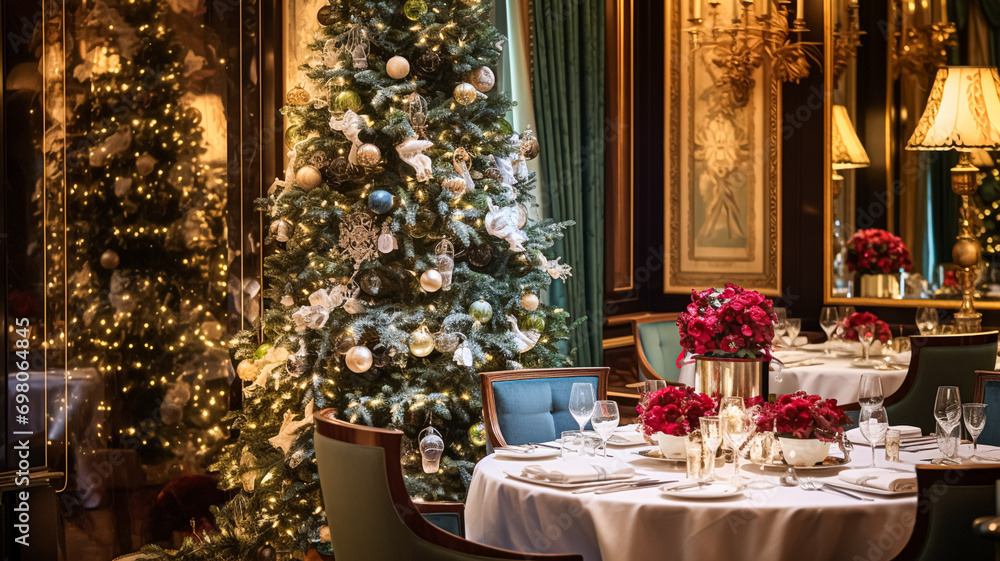 Christmas holidays and New Year celebration, dinner table at a luxury English styled restaurant or hotel interior, Christmas tree decoration, holiday party and event invitation Christmas holidays and New Year celebration, dinner table at a luxury English styled restaurant or hotel interior, Christmas tree decoration, holiday party and event invitation
