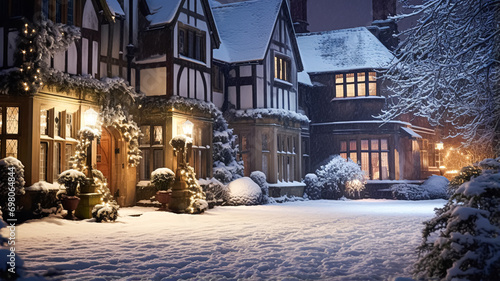 Christmas in the countryside manor, English country house mansion decorated for holidays on a snowy winter evening with snow and holiday lights, Merry Christmas and Happy Holidays © Anneleven