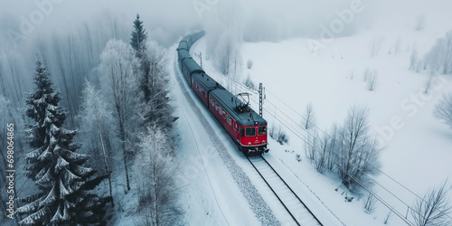 Snowy Serenity. A Bird's Eye View of Red Train Crossing White Winter Scenery - Red train in a winter landscape - Areal top view - contrasting red of the train and white of the winter landscape