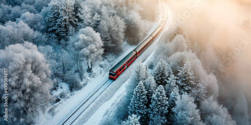 Red Train Journey Through Winter Wonderland Aerial Landscape - Red train in a winter landscape - Areal top view - contrasting red of the train and white of the winter landscape photo