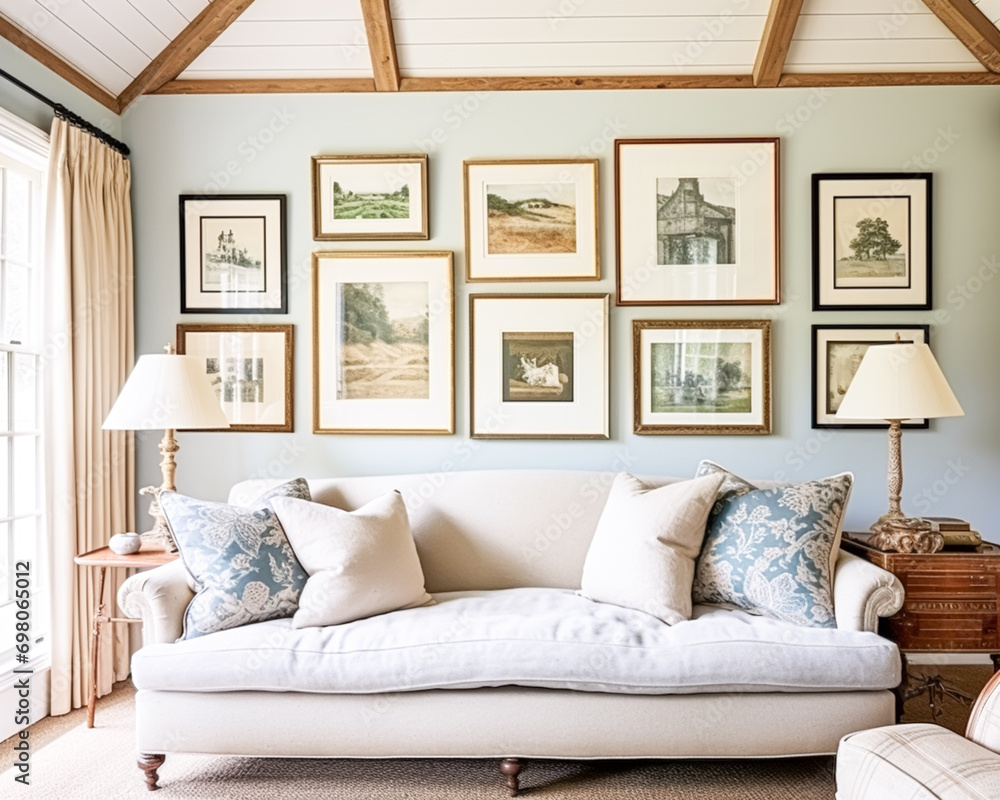 Gallery wall, home decor and wall art over sofa, framed art in modern ...