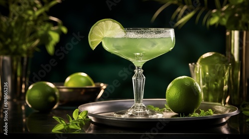 Gimlet cocktail served in a classic cocktail glass with lime garnish and ice.