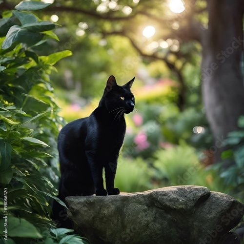 a cat standing on a rock in a garden with sun shining down photo