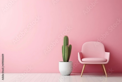 Designer chair and cactus in a minimalist room interior