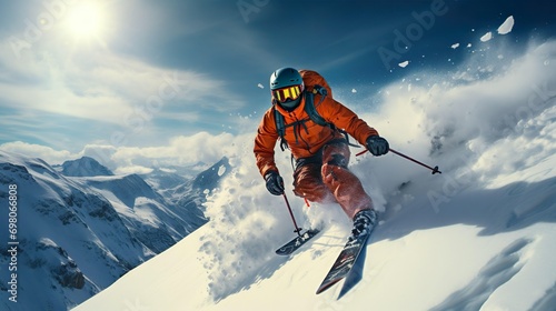 Ski rider jumping on mountains winter adventure. photo