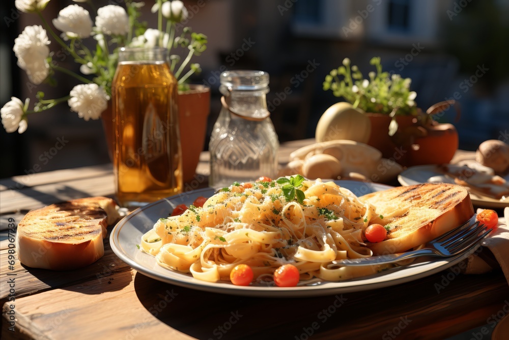 Tasty pasta with tomatoes served on the table outdoors in summer day.