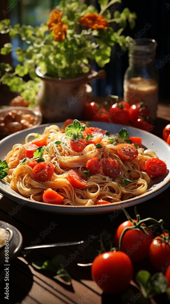 Tasty homemade pasta with tomatoes served outdoors on the table in sunny day.