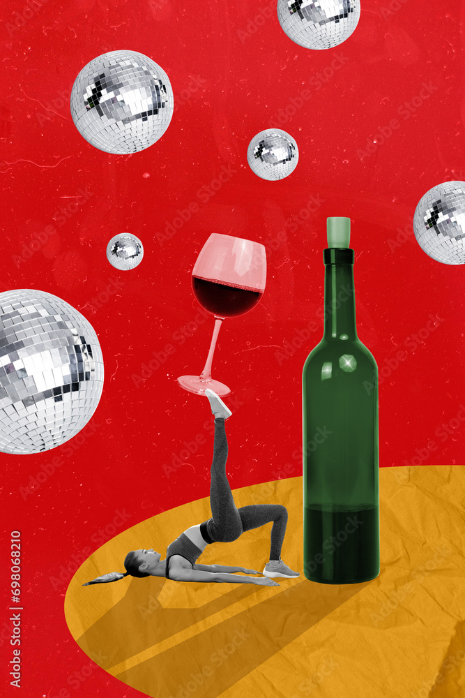 Fotografie Artwork poster collage of funny sporty woman raise huge wine glass weekend night