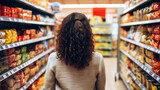 a photo of a young  woman shopping in supermarket and buying groceries and food products in the store