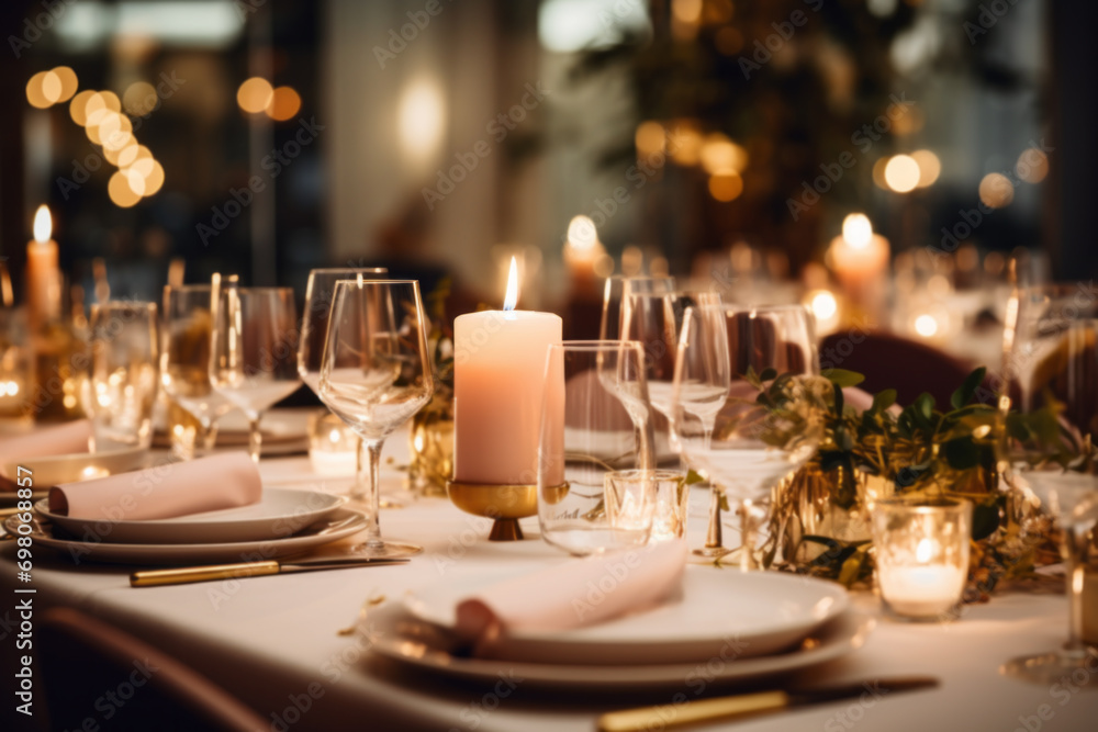 Elegant table setting with beautiful flowers and candles in restaurant Elegant table setting with beautiful flowers and candles in restaurant