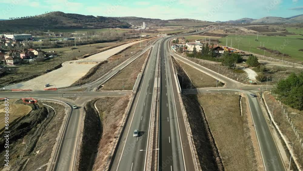 Drone view over the European road boulevard. The road connects the capital of Bulgaria, Sofia, with the border of the Serbian state. Drone view over the European road boulevard. The road connects the capital of Bulgaria, Sofia, with the border of the Serbian state.