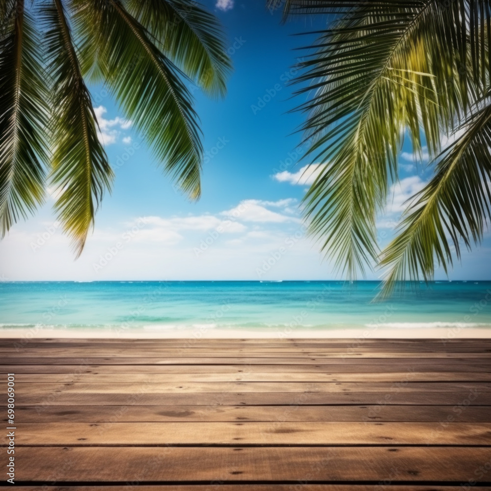 Empty wide Table top wooden bar with blurred beautiful beach scene background coconut leaf on the frame for product display mockup outside summer day time, Resort on nature sea