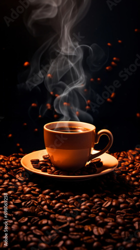 Steaming cup of coffee on saucer