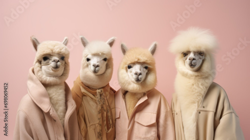A group of adorable alpacas dressed like people photo
