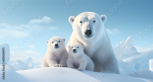 polar bear on ice with its kids 