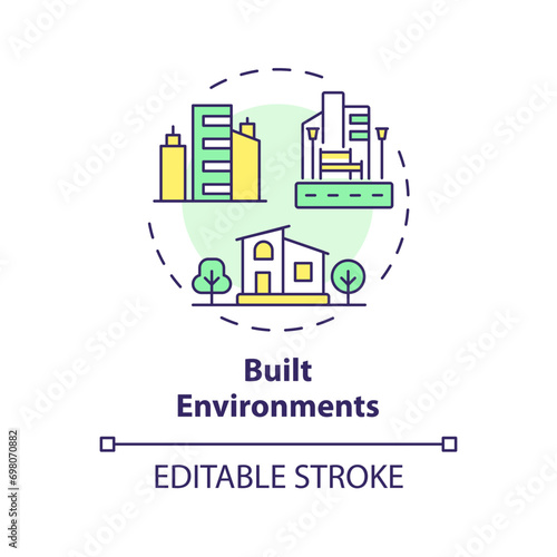 2D editable multicolor built environments icon, simple isolated vector, thin line illustration representing environmental psychology.