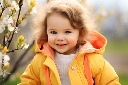 Portrait of a little cute girl on a walk in spring