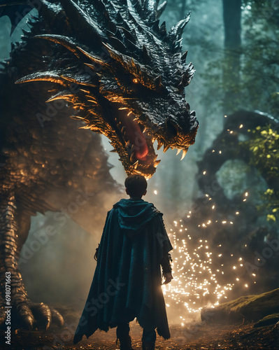 fantasy scene with a child and a dragon