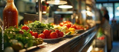Food and salad restaurant with self-service. photo