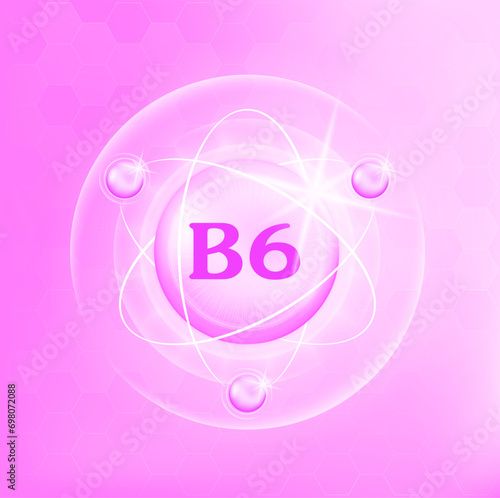 Vitamin B6 icon structure light pink, purple, white. Medicine health symbol of thiamine. 3D Vector Illustration. Complex with chemical formula. Personal care, beauty. Drug business concept.	